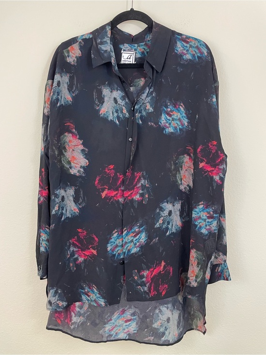 Anntian Tops - ANNTIAN Silk Oversized Abstract-Print Button Up Shirt One Size Lagenlook Artsy